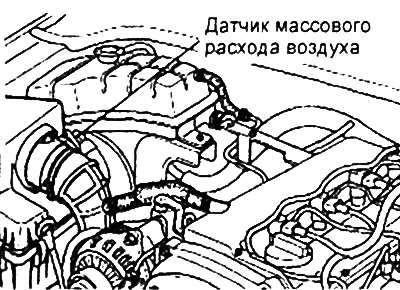 Датчик температуры воздуха на впуске, встроенный в датчик массового расхода воздуха и расположенный…
