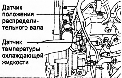 2. Отсоедините разъем датчика, затем снимите датчик температуры охлаждающей жидкости.