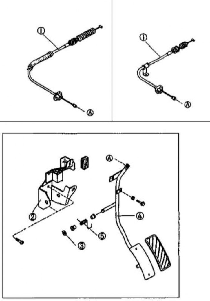 1 - Трос привода дроссельной заслонки; 2 - Опорный кронштейн; 3 - Фиксатор; 4 - Педаль; 5 -…