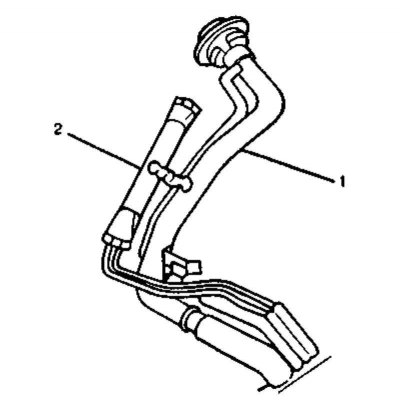 Детали установки заливной горловины (1) топливного бака и отделителя топливных испарений (2)