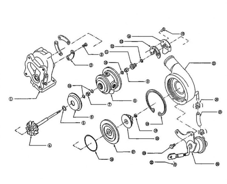 1 - Турбинная сборка; 2 - Стопорная пластина; 3, 23 - Болты М6; 4 - Колесо турбины; 5, 12 -…