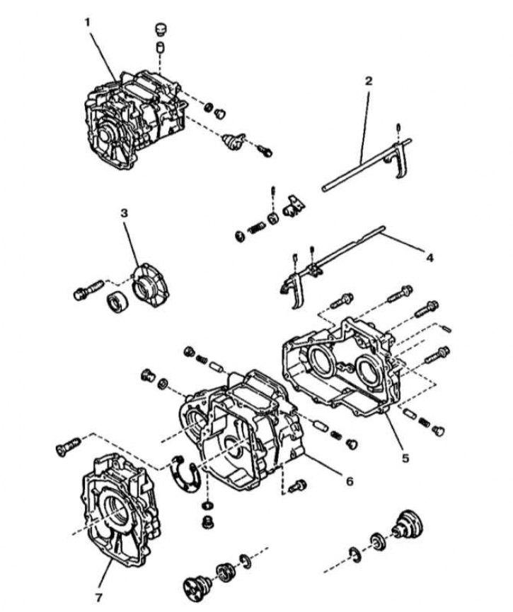 1 - Раздаточная коробка в сборе; 2 - Шток переключения 2WD/4WD; 3 - Крышка подшипника; 4 - Шток…